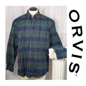 Orvis Classic Collection Mens Long Sleeve Cotton Shirt Green/Black/Navy Plaid XL